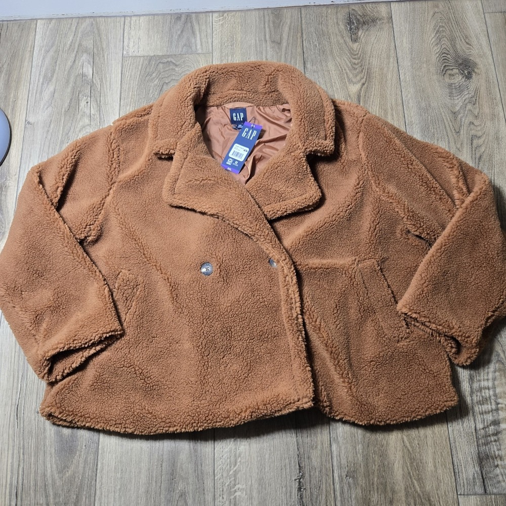 Gap Jacket Sherpa Coat Womens XXL 2X Teddy Bear Faux Fur Brown Rust Cozy Fall